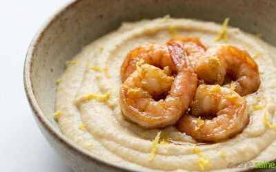 Crème de pois chiches iodée et ses crevettes laquées au Tamari