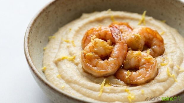 Crème de pois chiches iodée et ses crevettes laquées au Tamari
