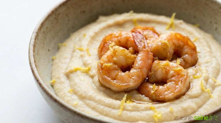 Crème de pois chiches iodée et ses crevettes laquées au Tamari