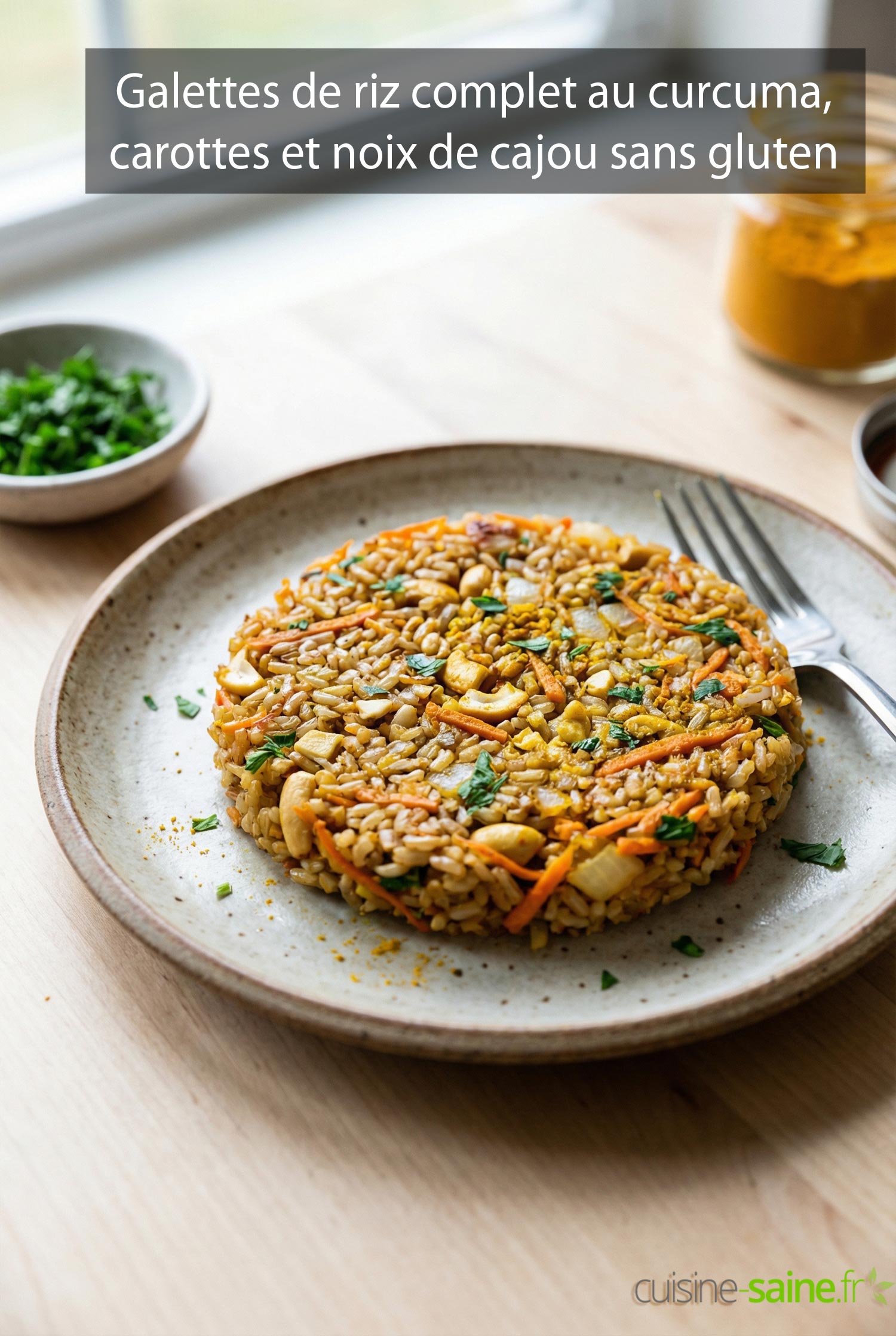 Galettes de riz complet au curcuma, carottes et noix de cajou sans gluten