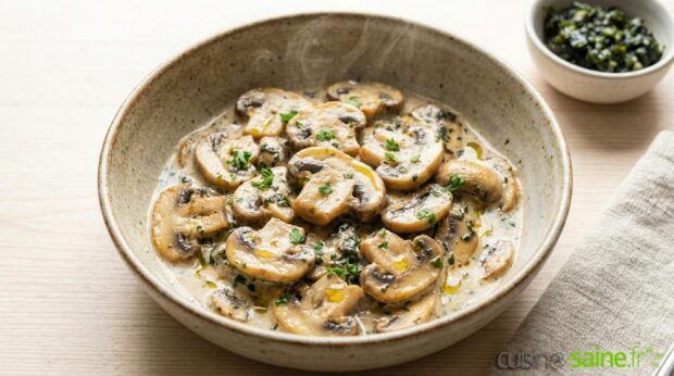Poêlée de champignons à la crème de soja et tartare d’algues