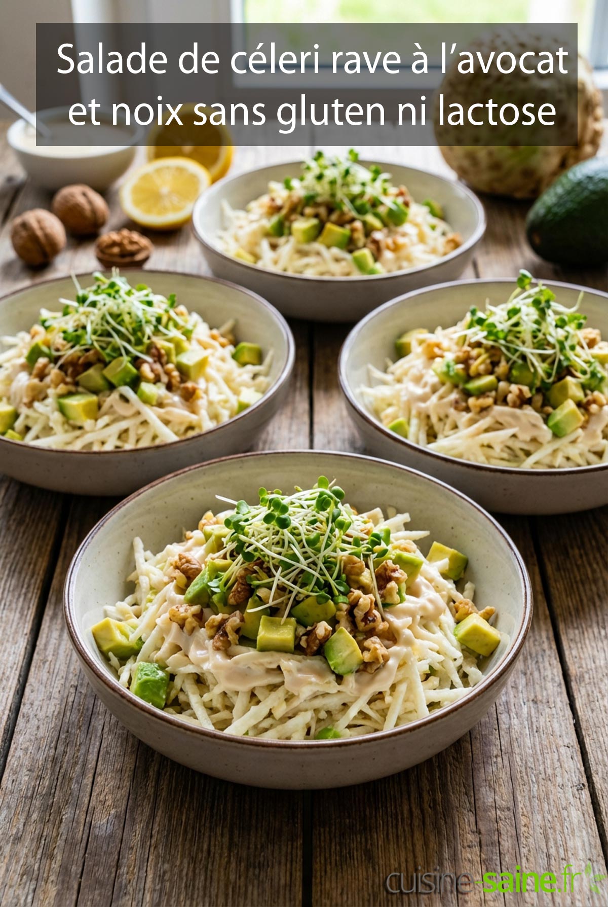 Salade de céleri rave à l’avocat et noix sans gluten ni lactose
