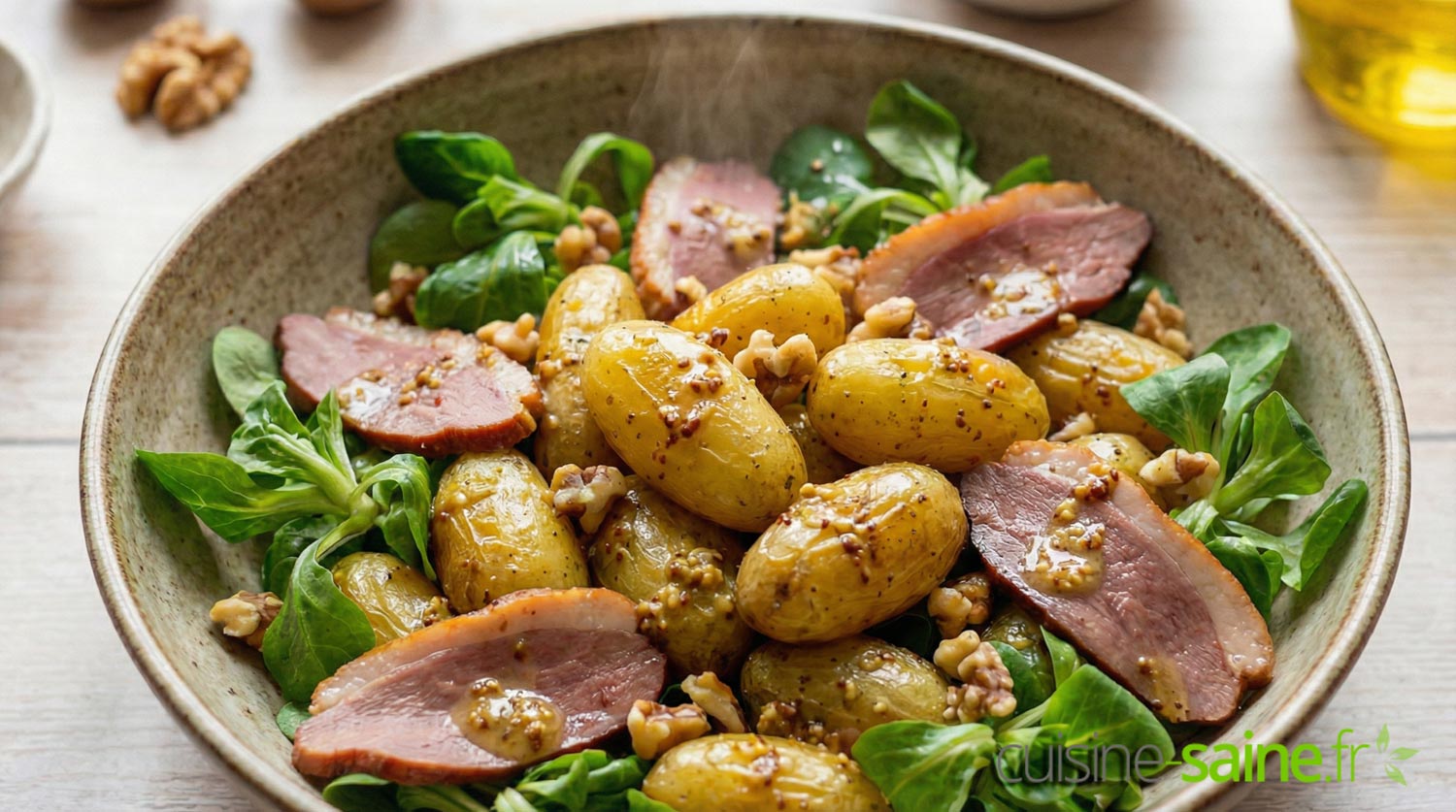 Salade gourmande de grenailles sautées au magret fumé et noix