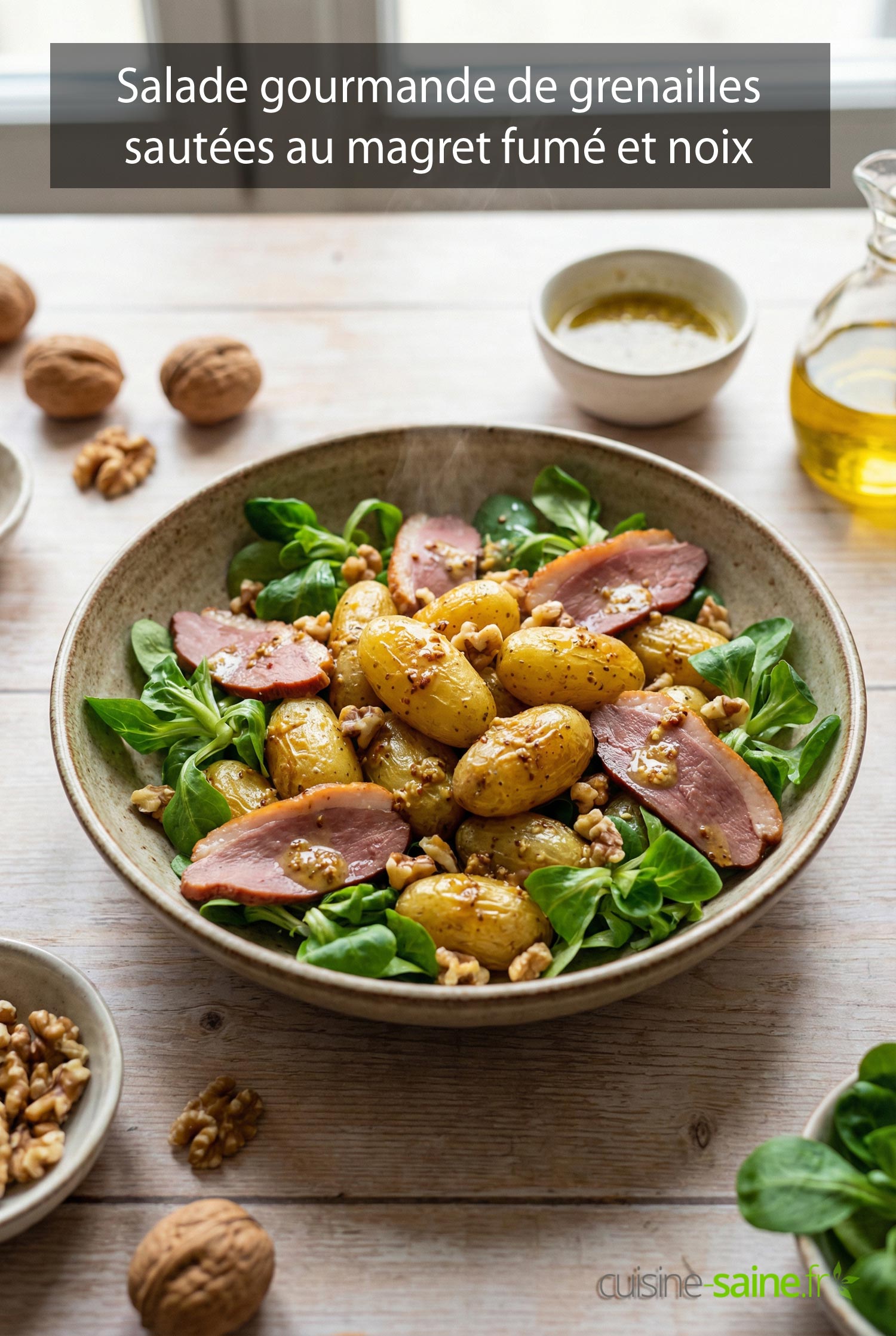 Salade gourmande de grenailles sautées au magret fumé et noix