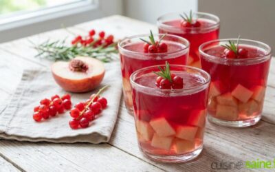 Verrine de pêche blanche à la gelée de groseilles au romarin sans gluten sans lactose