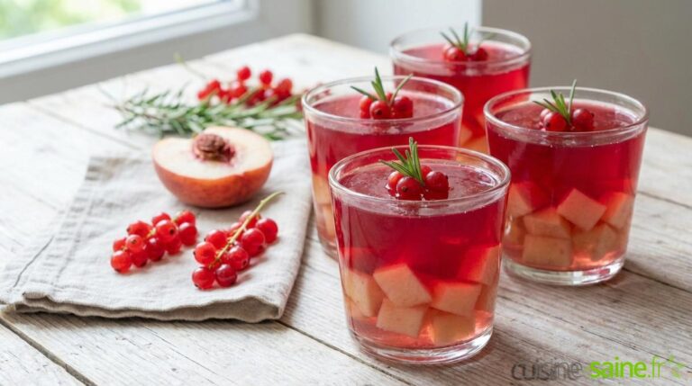 Verrine de pêche blanche à la gelée de groseilles au romarin sans gluten sans lactose