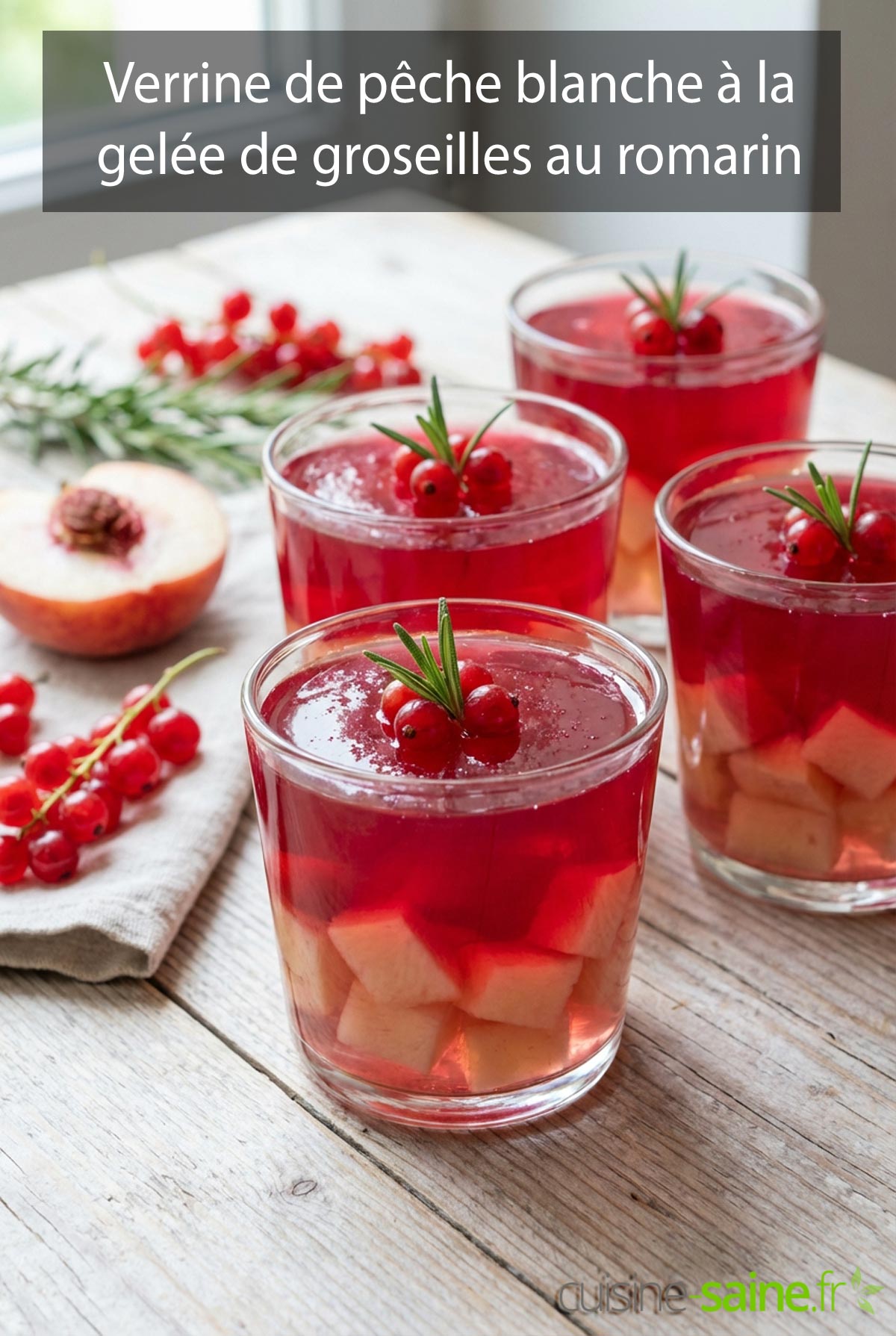 Verrine de pêche blanche à la gelée de groseilles au romarin sans gluten sans lactose