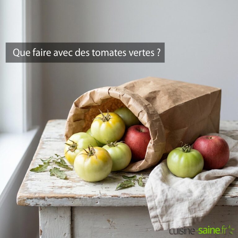 Tomates vertes dans un sac en papier kraft avec une pomme pour les faire mûri