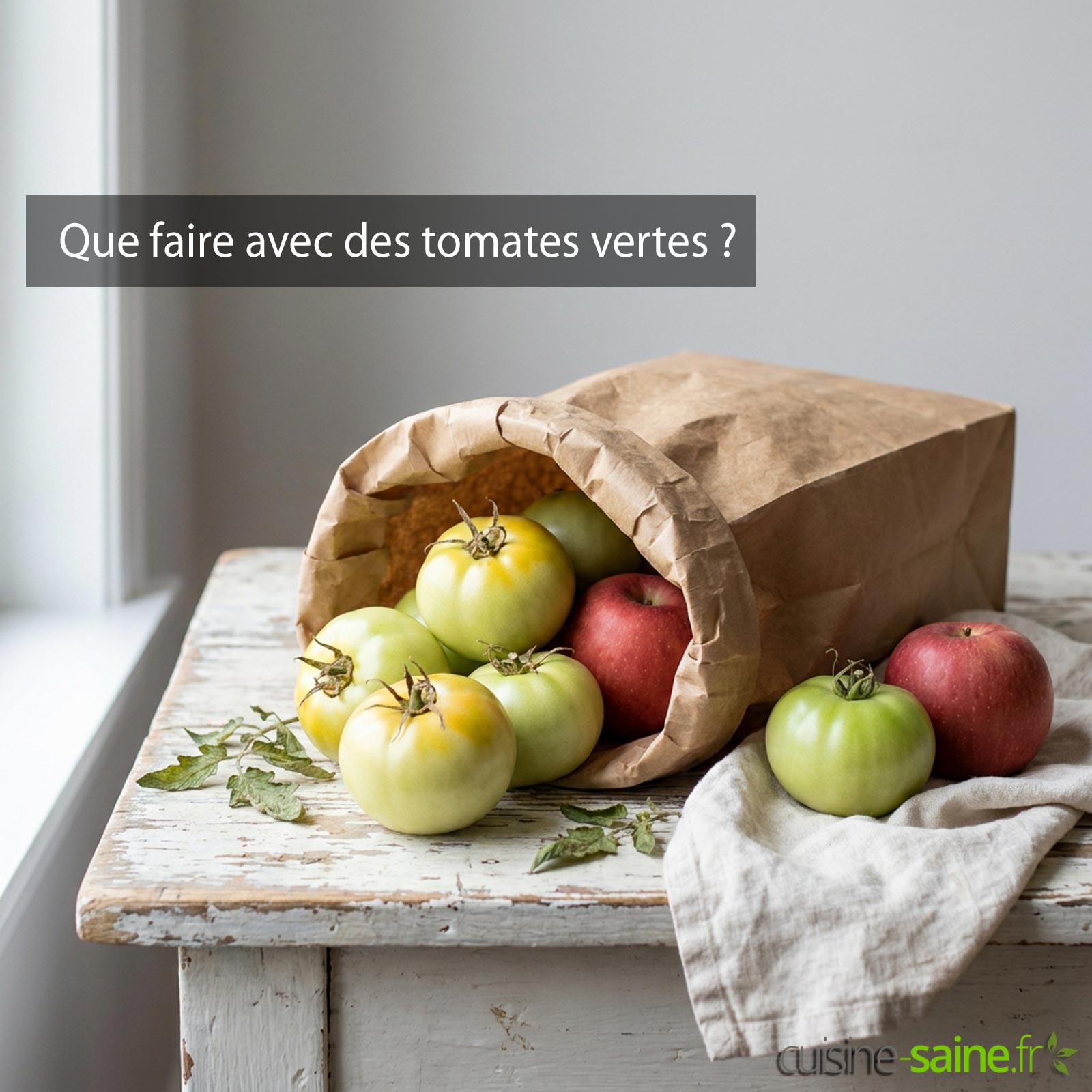 Tomates vertes dans un sac en papier kraft avec une pomme pour les faire mûri