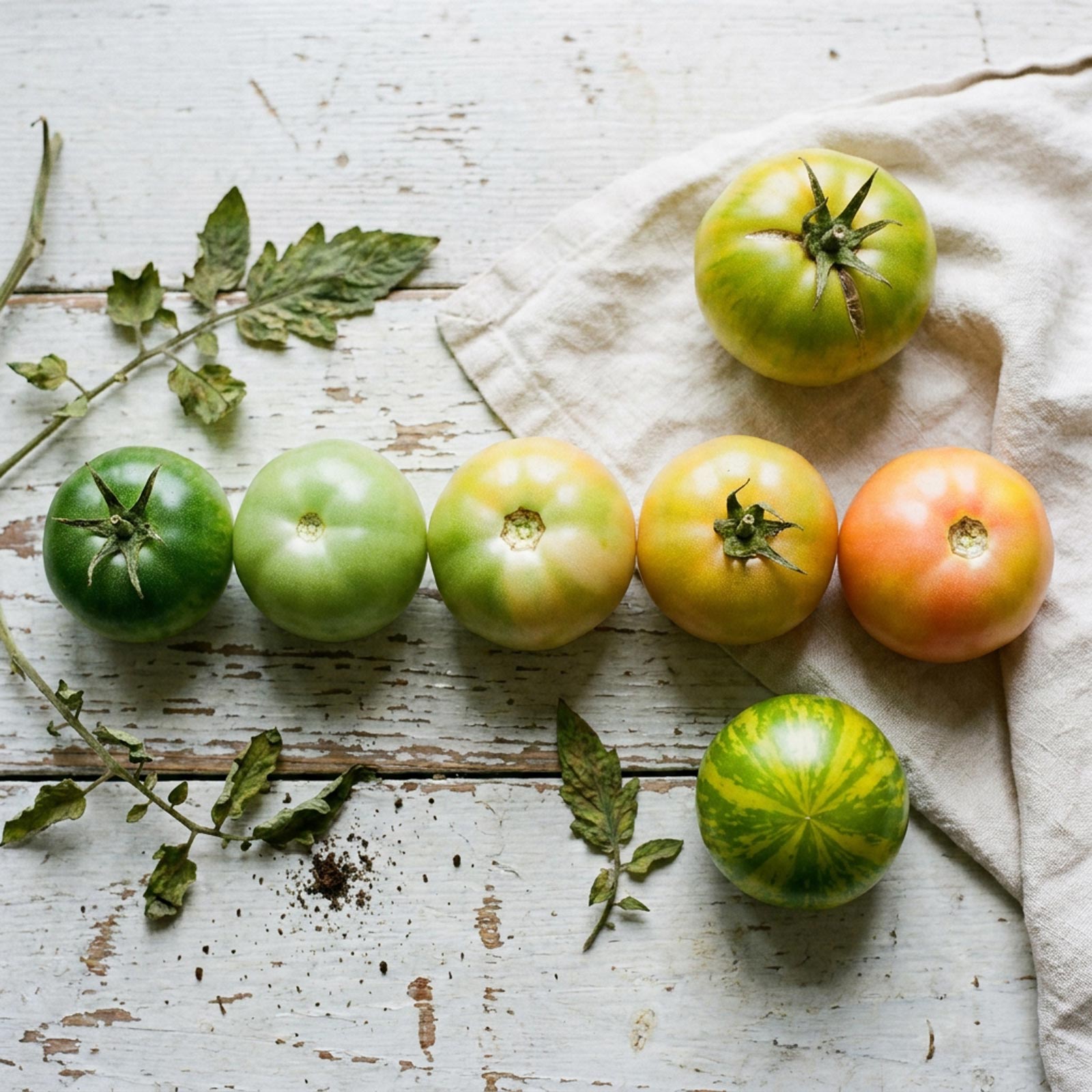 Tomates vertes à différents stades de maturité, du vert foncé au début de coloration