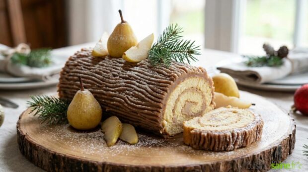 Bûche de Noël sans gluten à la poire et crème de marron
