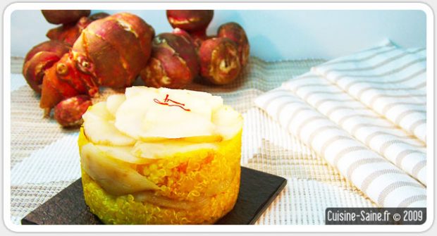 Recette végétalienne : millefeuille de topinambours au safran et curcuma