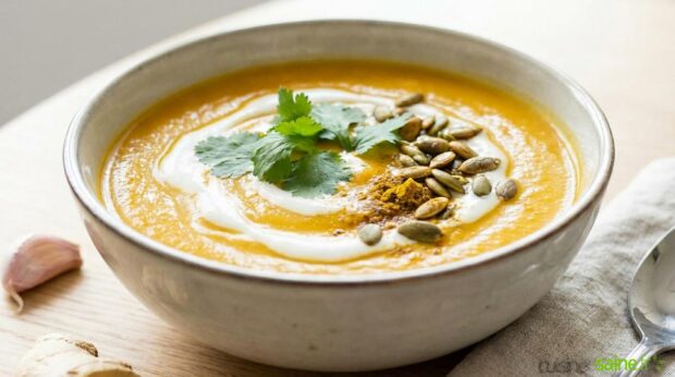 Soupe de potiron et carotte au gingembre sans gluten ni lactose