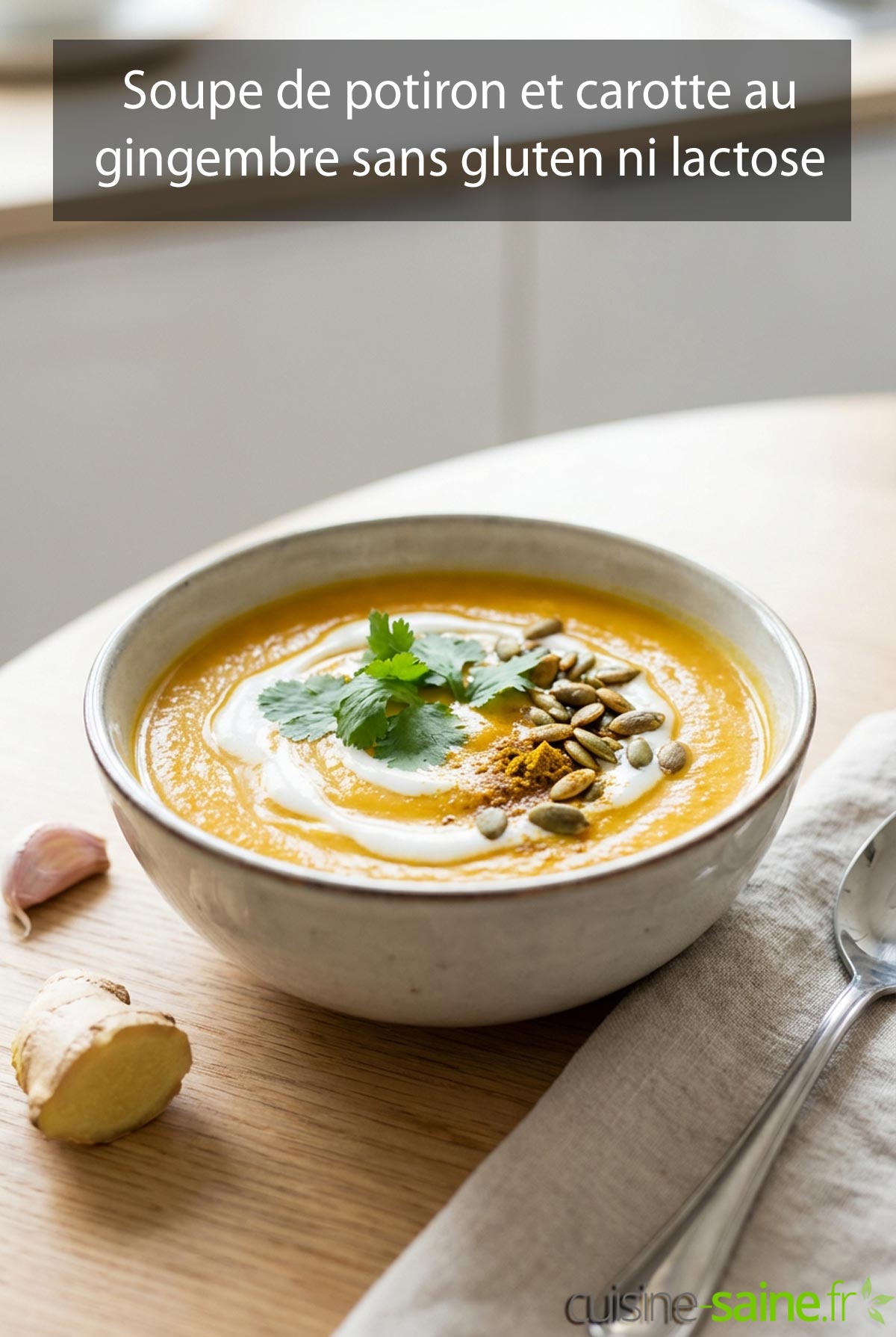 Soupe de potiron et carotte au gingembre sans gluten ni lactose