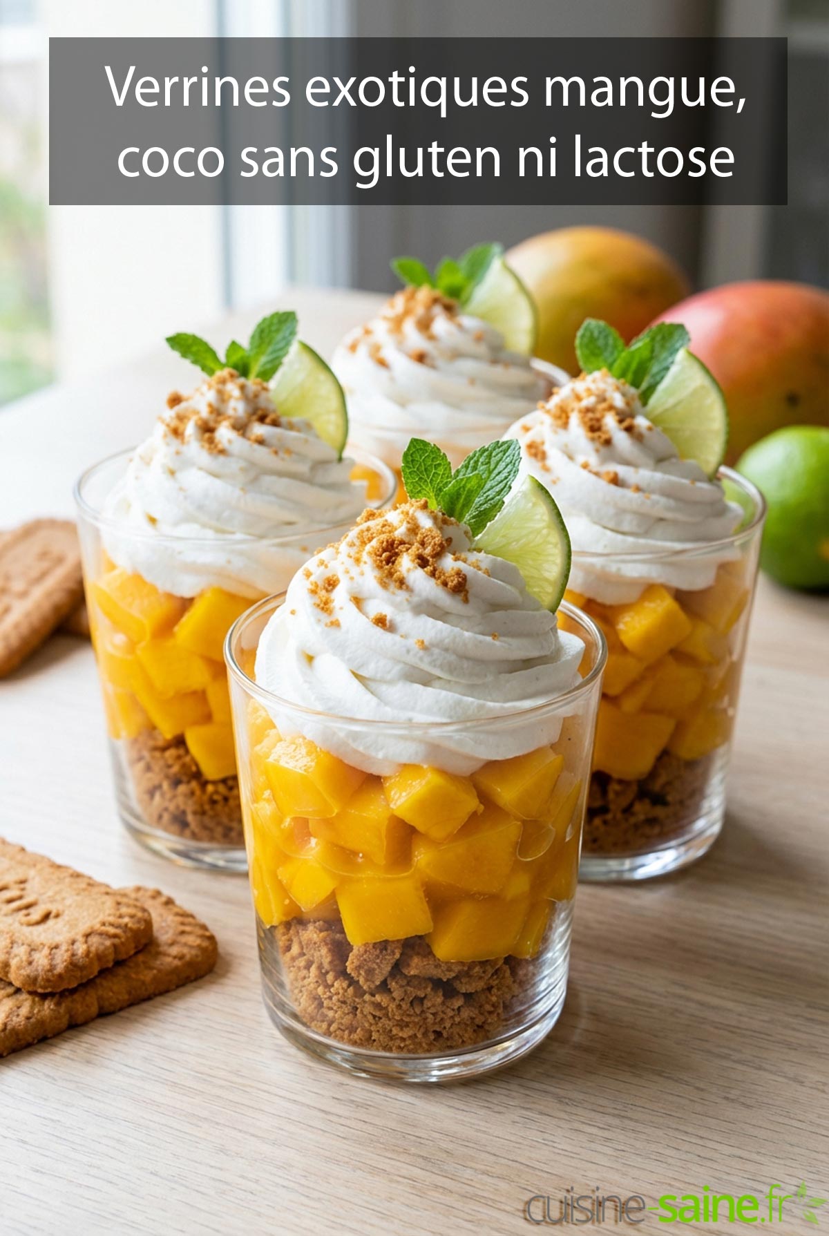 Verrines exotiques mangue, coco et spéculoos (sans gluten ni lactose)
