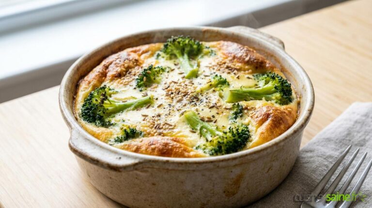 Flan de brocoli léger au carvi et sésame (sans gluten ni lactose)