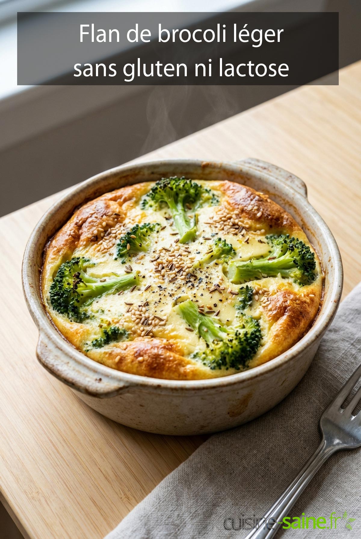 Flan de brocoli léger au carvi et sésame (sans gluten ni lactose)