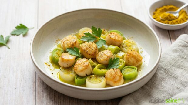 Poêlée de saint Jacques aux poireaux saveur curry sans gluten ni lactose