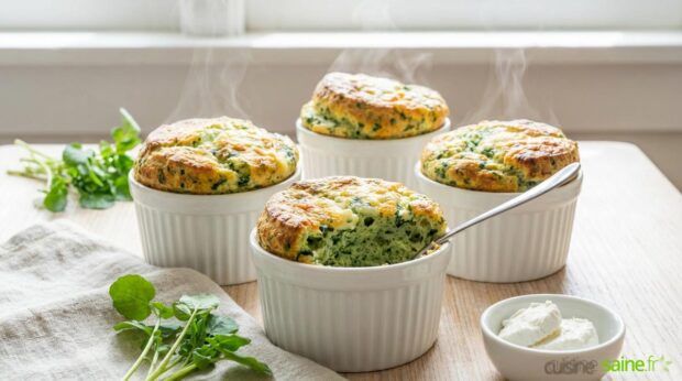 Soufflés aériens au cresson et chèvre frais sans gluten