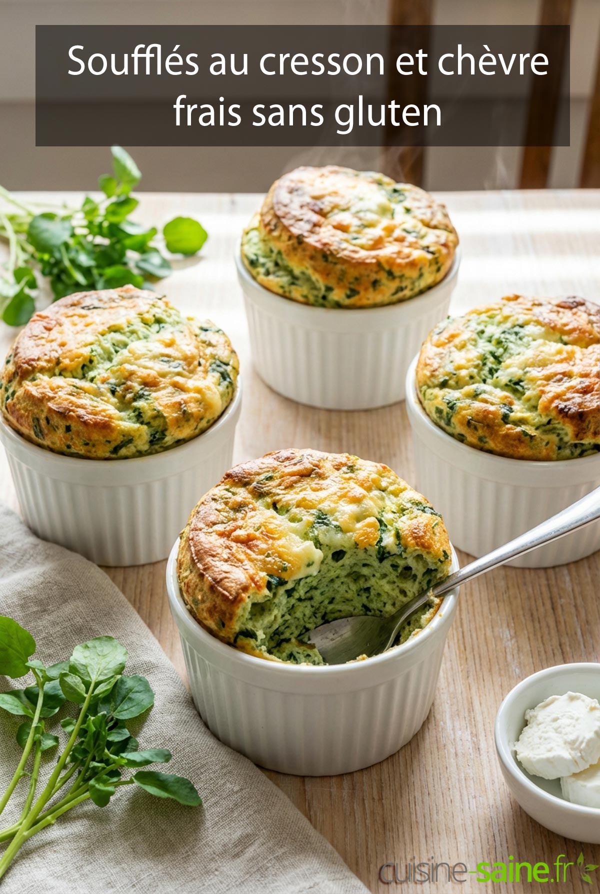 Soufflés aériens au cresson et chèvre frais sans gluten