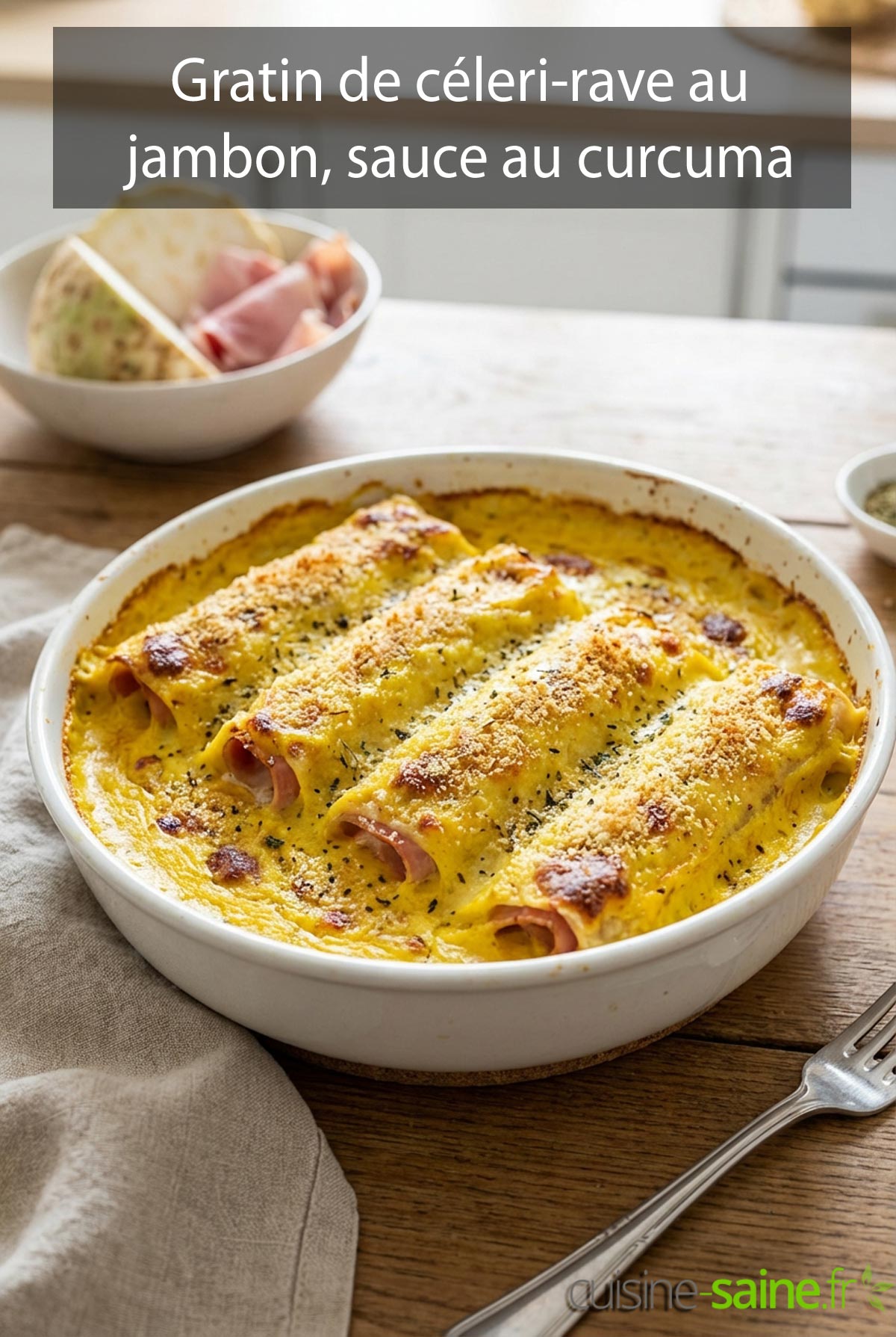 Gratin de céleri-rave au jambon, sauce onctueuse au curcuma
