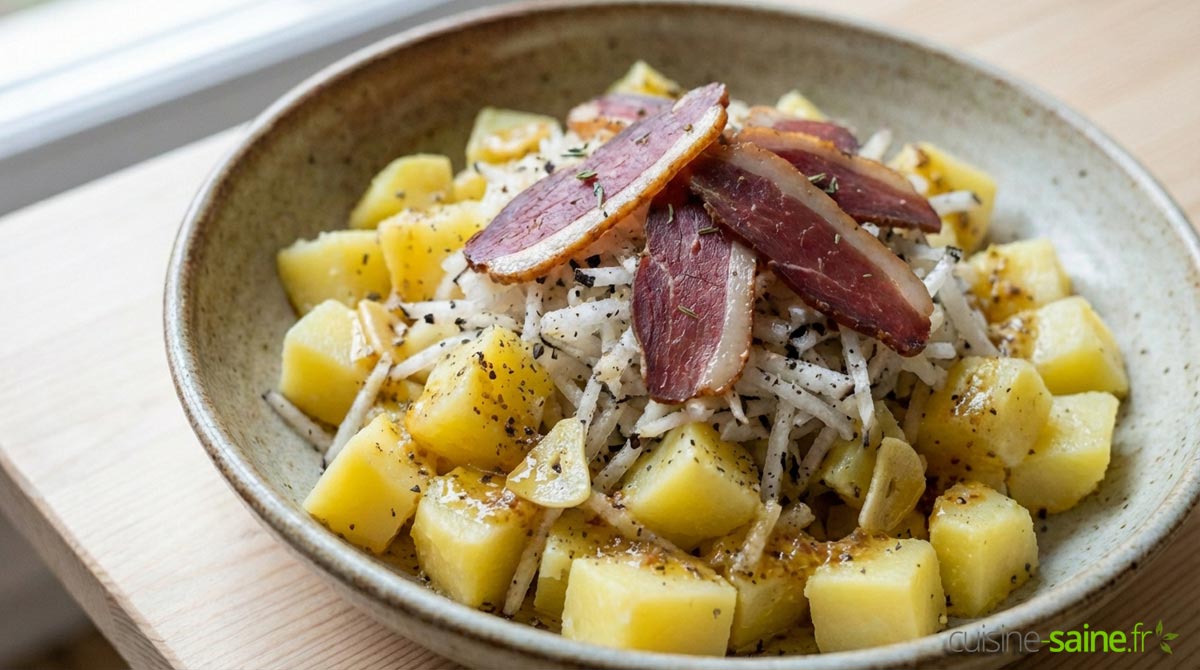 Salade pommes de terre et radis noir au magret de canard