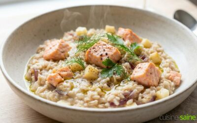 Risotto onctueux au saumon, panais et oignons rouges