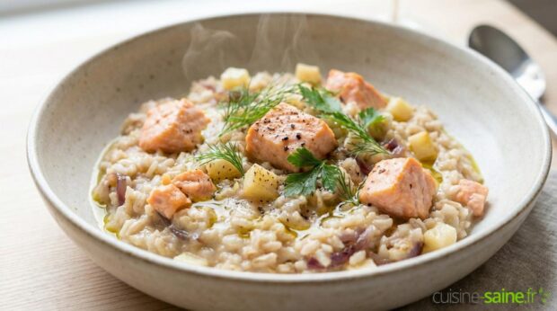 Risotto onctueux au saumon, panais et oignons rouges