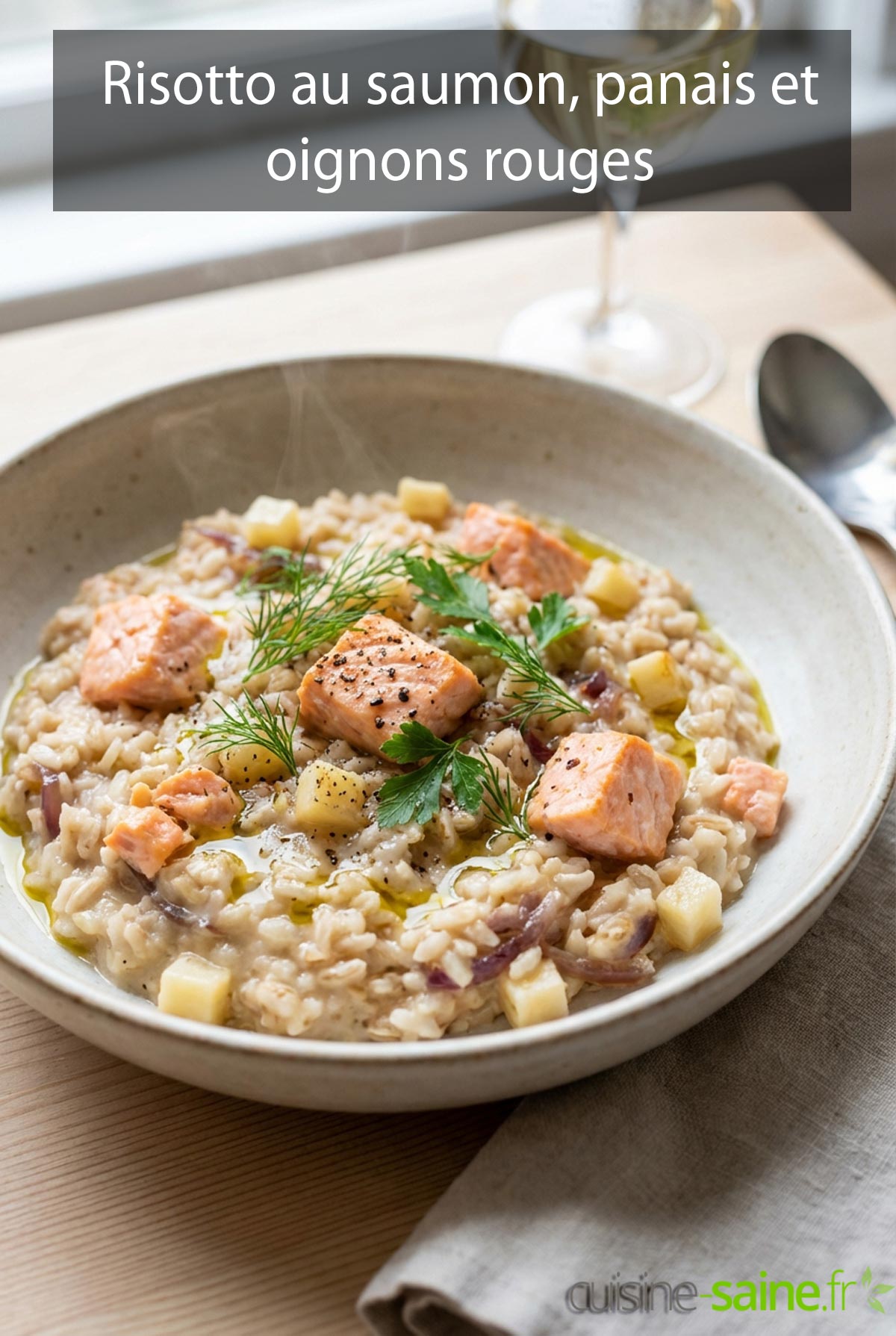 Risotto onctueux au saumon, panais et oignons rouges