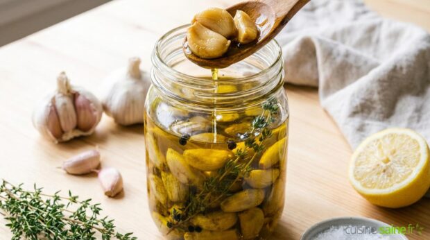 Conserve d’ail confit à l’huile avec herbes aromatiques