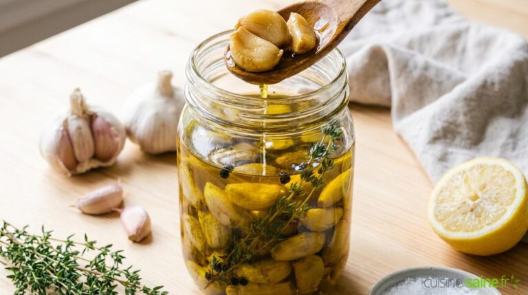 Conserve d’ail confit à l’huile avec herbes aromatiques