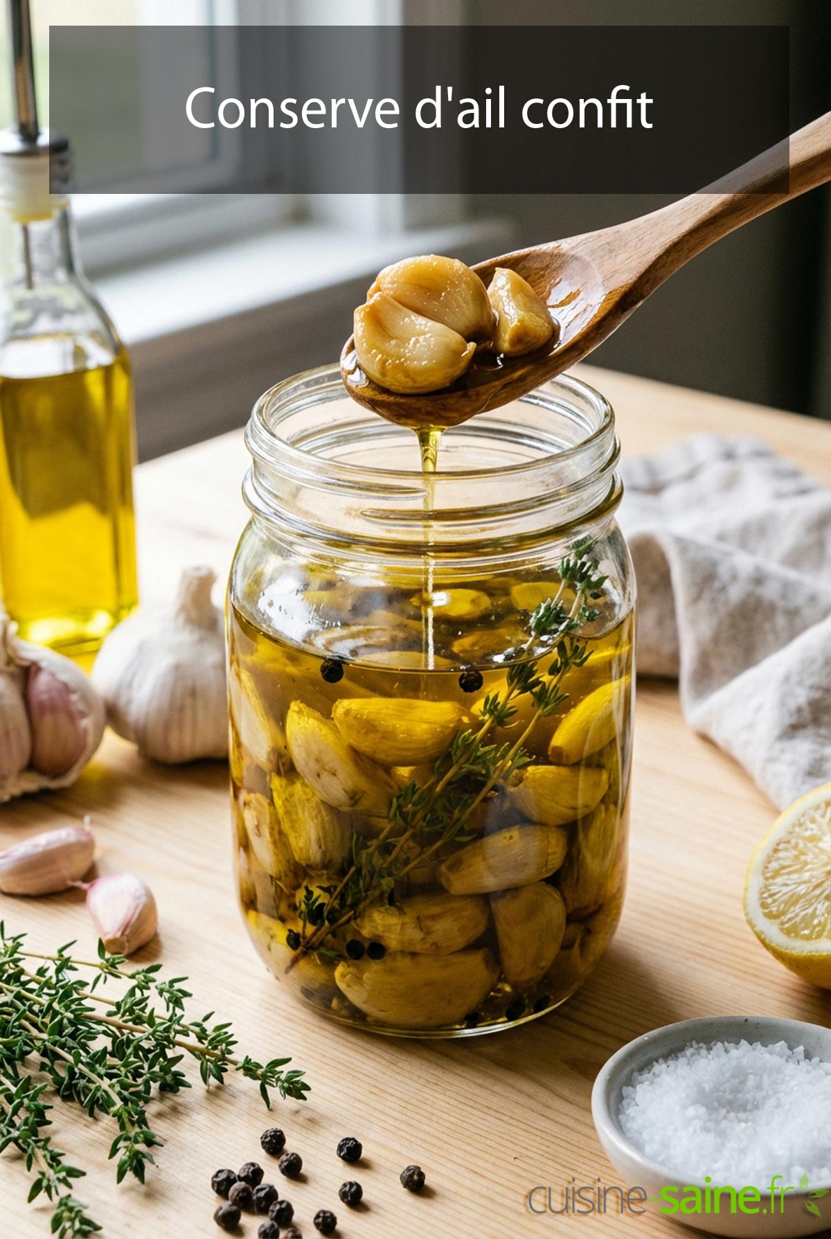 Ail confit à l’huile d’olive avec herbes aromatiques