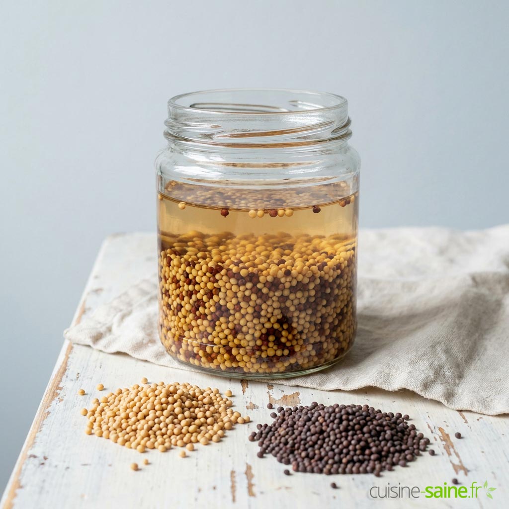 Graines de moutarde jaunes et brunes en train de tremper dans le vinaigre de cidre, dans un bocal en verre, pour la moutarde maison
