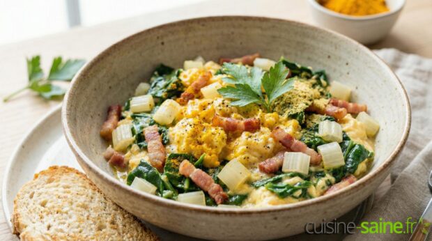 Brouillade de blettes au curcuma et lardons (Sans gluten & Sans lactose)