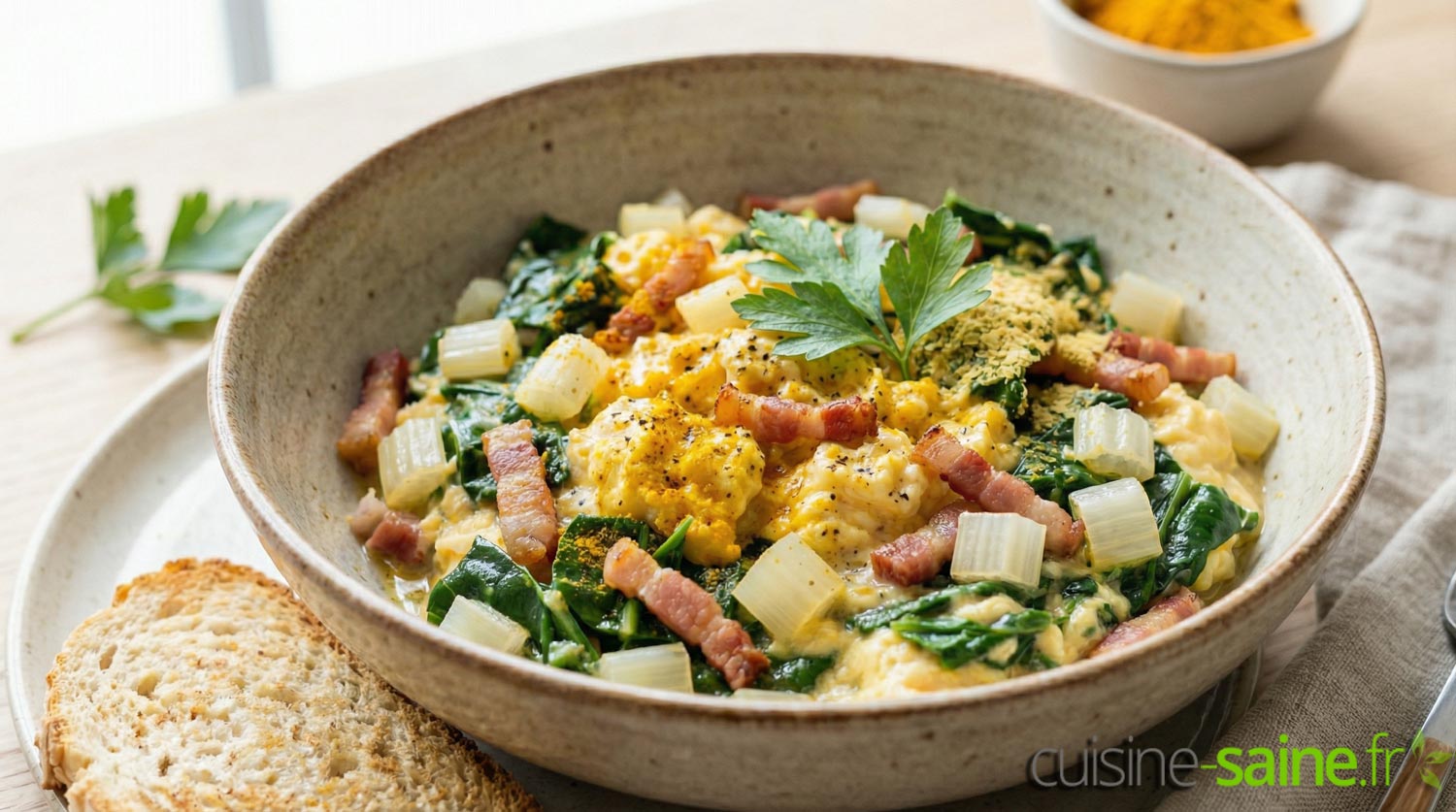 Brouillade de blettes au curcuma et lardons (Sans gluten & Sans lactose)