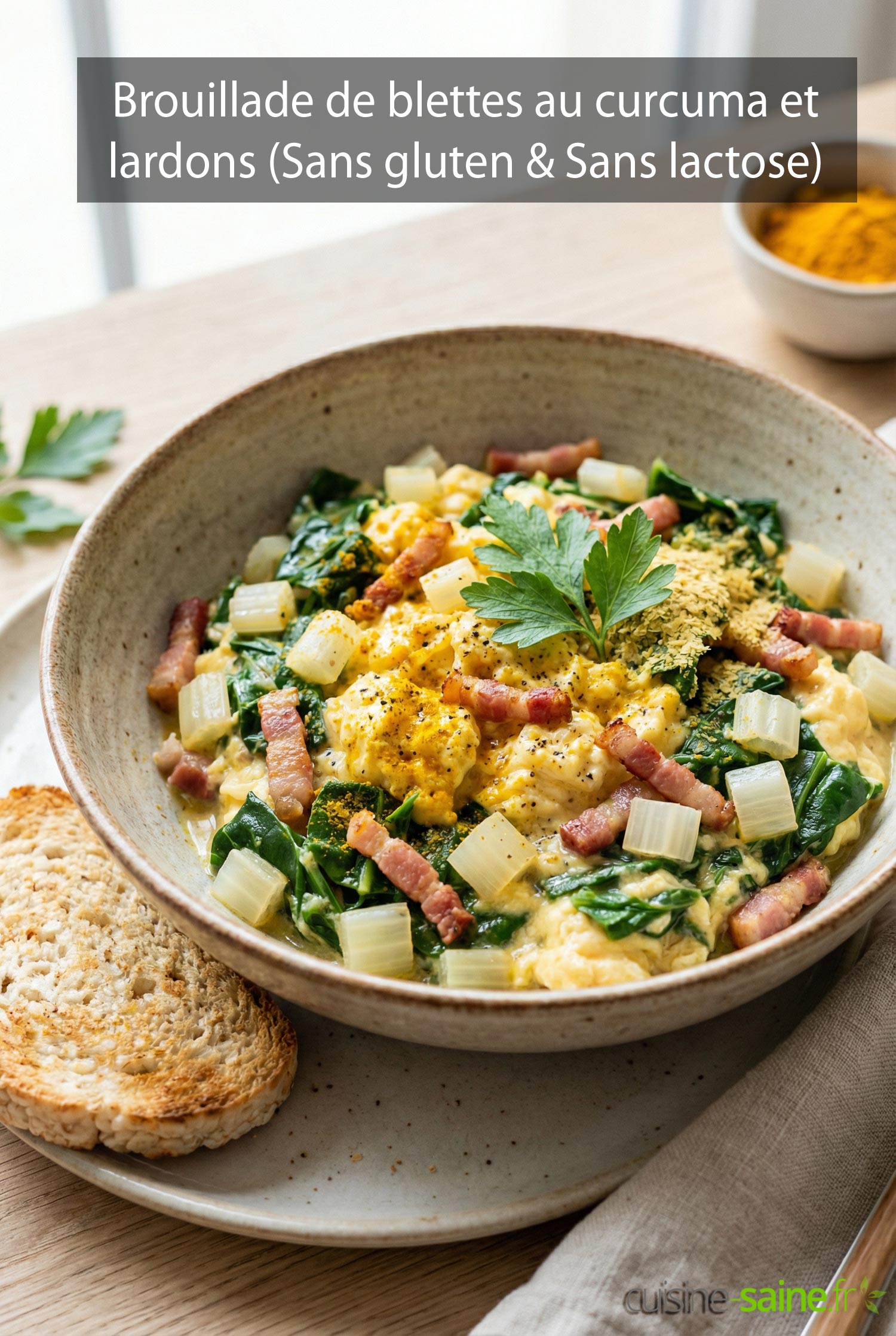 Brouillade de blettes au curcuma et lardons (Sans gluten & Sans lactose)