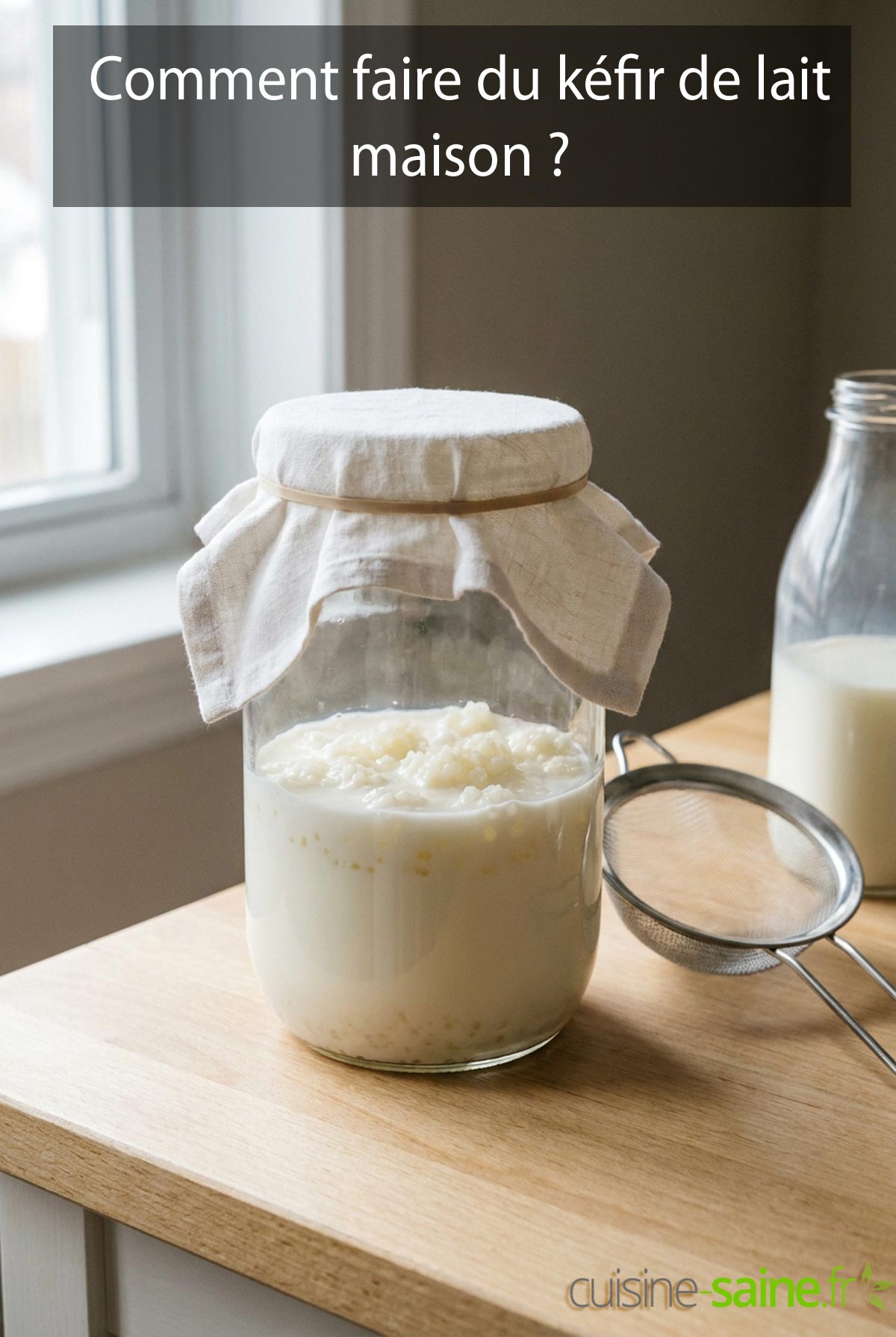 Préparation du kéfir de lait : grains de kéfir dans un bocal de lait couvert d'un tissu