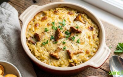 Gratin de girolles à la crème de pois cassés et riz