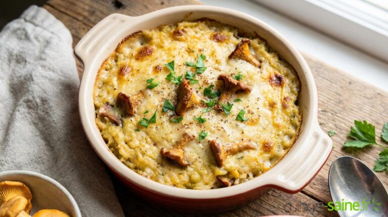 Gratin de girolles à la crème de pois cassés et riz