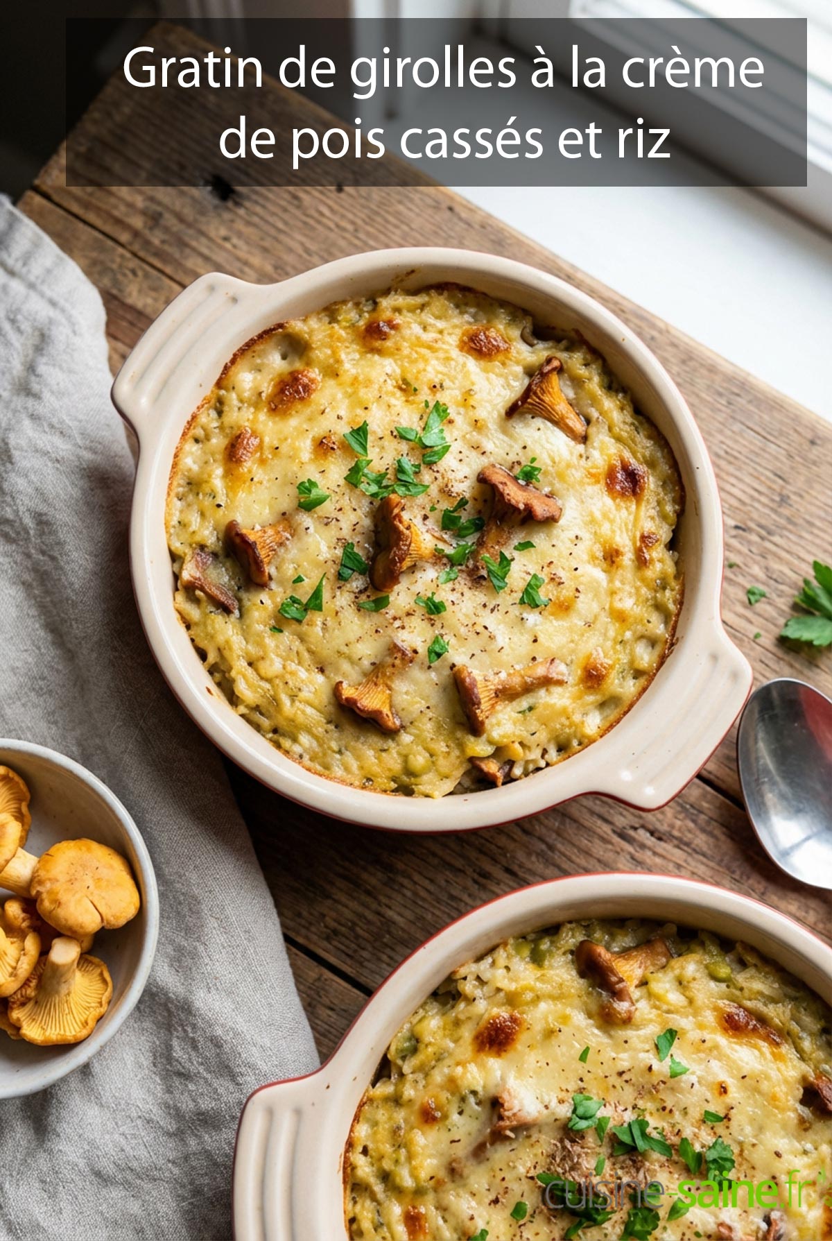 Gratin de girolles à la crème de pois cassés et riz