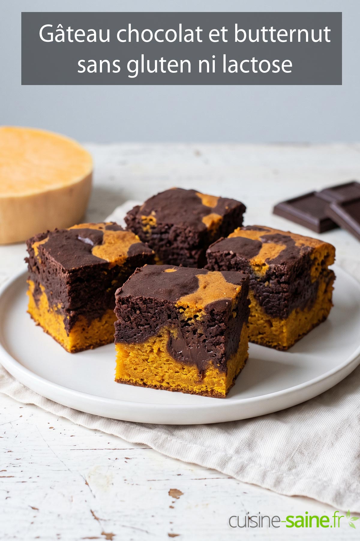 Carrés de gâteau chocolat butternut marbré, sans gluten ni lactose