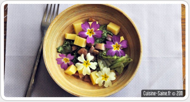Recette bio rapide : salade aux primevères et comté