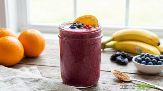 Smoothie vitaminé orange, banane et myrtilles au yaourt de soja