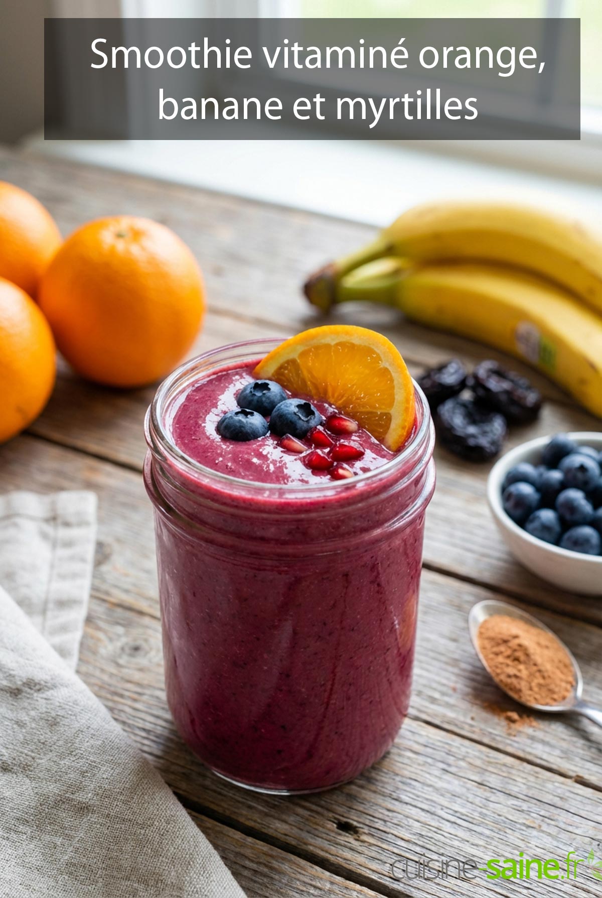 Smoothie vitaminé orange, banane et myrtilles au yaourt de soja