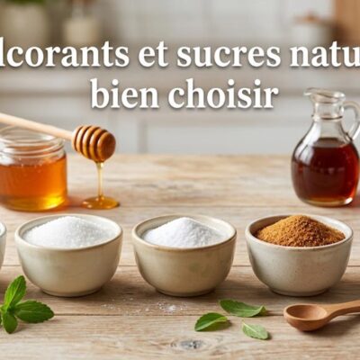 Ramequins de stévia, érythritol, xylitol, sucre de coco, miel, sirop d'érable et sirop d'agave sur un plan de travail en bois