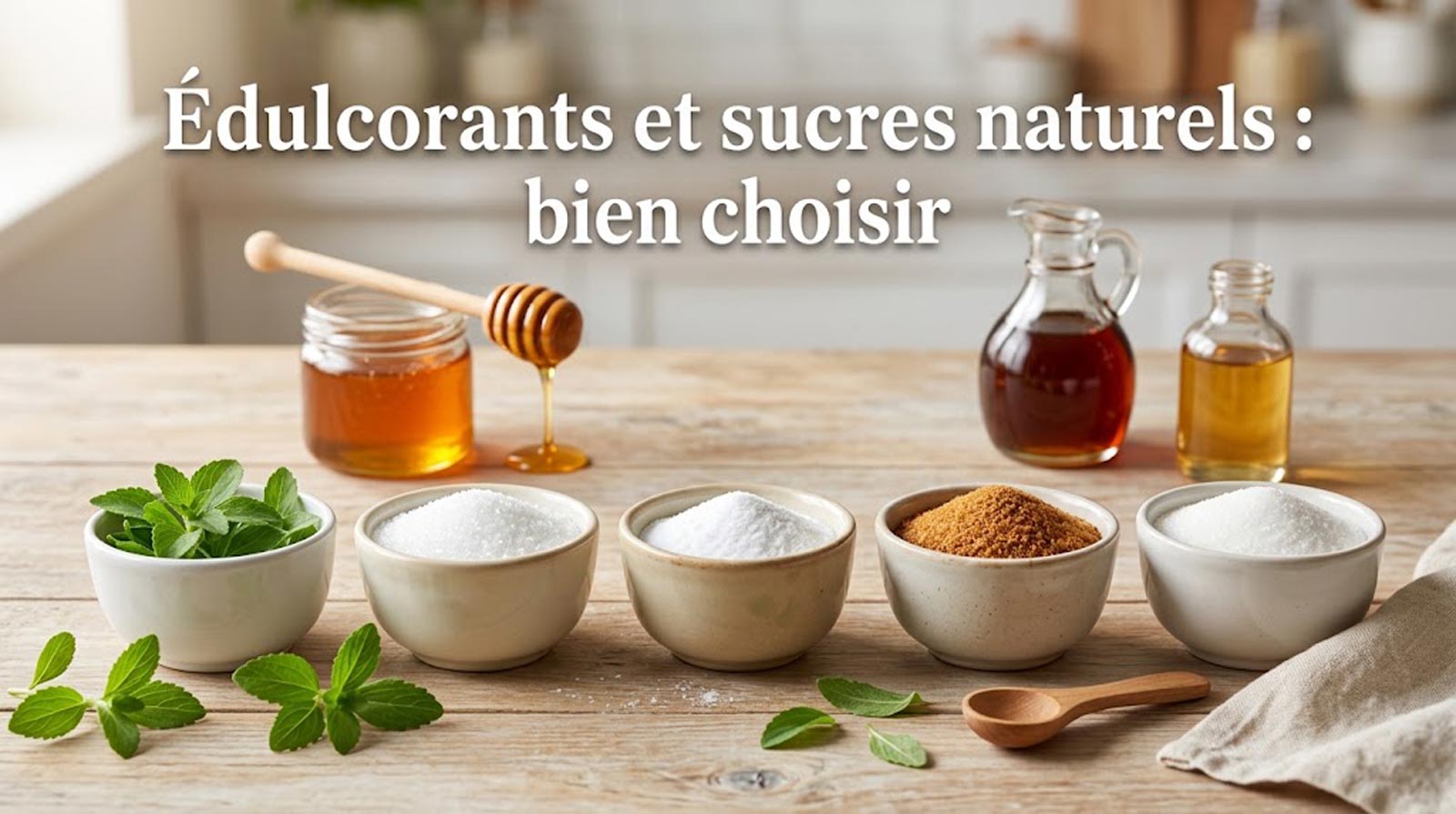 Ramequins de stévia, érythritol, xylitol, sucre de coco, miel, sirop d'érable et sirop d'agave sur un plan de travail en bois