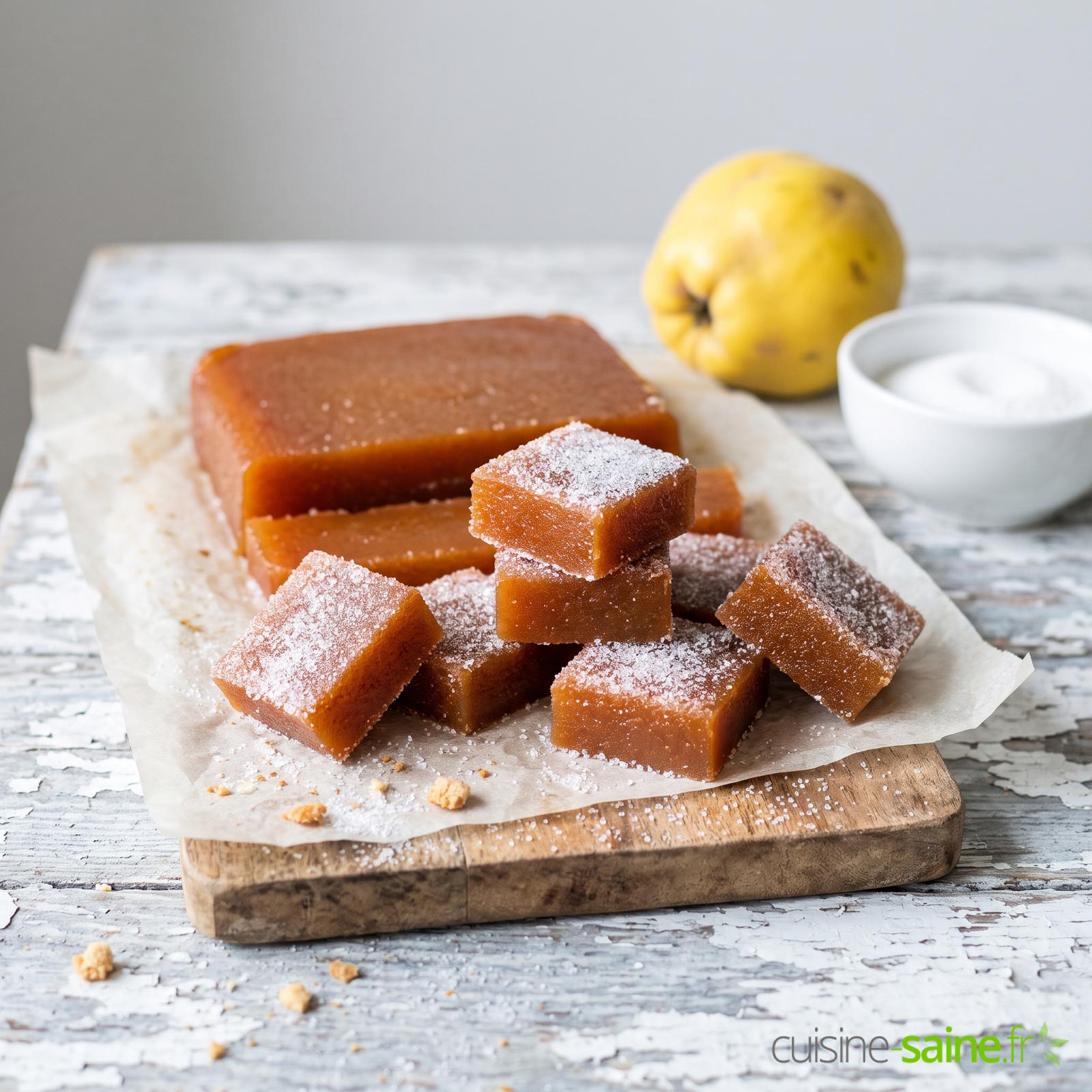 Pâte de coing maison traditionnelle coupée en carrés, sans gluten et vegan