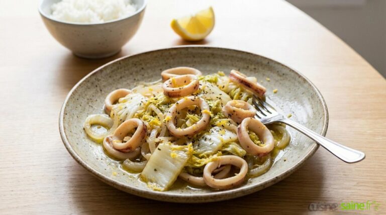 Wok de calamars au chou chinois, zeste de citron et basilic
