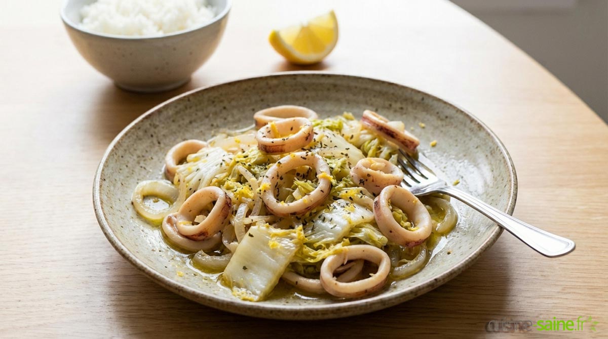 Wok de calamars au chou chinois, zeste de citron et basilic