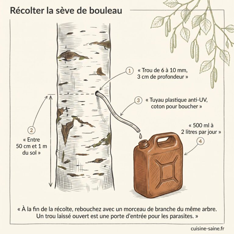 Dispositif de récolte de la sève de bouleau : trou de 6 à 10 mm percé entre 50 cm et 1 m du sol, tuyau et jerrican